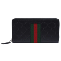 【GUCCI 古馳】經典Signature系列GG壓紋綠紅綠織帶拉鍊長夾(黑408831-CWCLN-1060)