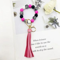 創意熱銷黑色豹紋白底木珠14mm橡皮漆圓珠 PU流蘇手鐲手環鑰匙扣