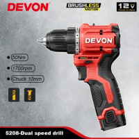 Devon 5208-li-12 Wireless Electric Drill Rechargeable 50Nm 1700rpm Dual Speed Brushless Torque Adjustable Universal 12v Battery