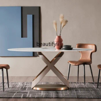Italian Minimalist Saddle Leather Dining Table round Marble Dining Table Stainless Steel Modern