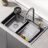 Kitchen Sink Waterfall Handmade Nano SUS304 Stainless Steel Vegetable Washing Basin Pull The Faucet Thickened Large Single Sink