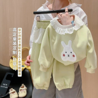 Girls' Clothing 2025 New Spring and Autumn Cute Lace Cartoon Rabbit Lace Collar Sweatshirt Lace Pant