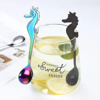 Stainless Steel Creative Sea Horse Shape Coffee Spoon Hanging Cup Stirring Spoon Titanium-plated Multi-color Specialty Spoons