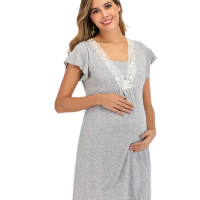 Maternity Dress for Hospital Nightgown Pregnant Women Nursing Nightwear Pajama Lace Sleepwear Breastfeeding Gown Short Sleeve