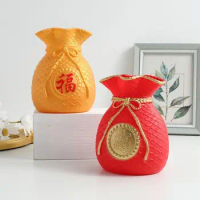 Gold Red Lucky Fu Money Bag Shape Vase Plastic Ornaments Chinese Style Fortune Flower Vase Home Wedding Decoration Ornaments
