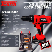 Bor Cordless 20V, CD 20-20V, Bor baterai kemasan koper 29 Set Torsi