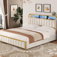 Full Queen Bed Frame with Storage Headboard &amp; Drawers Upholstered Platform, for Bedroom, White