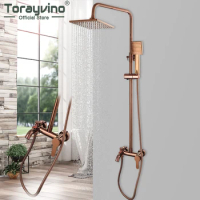 Torayvino 8 Inch Rose Gold Rainfall Square Shower Head Bathroom Faucet Set Wall Mounted Bathtub Shower Mixer Water Tap Set