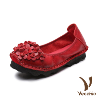 【Vecchio】真皮鞋 牛皮鞋 手工鞋/頭層牛皮朵朵花兒手工編花軟底單鞋(紅)