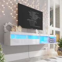 Floating TV Stand with Led Lights, 71 inch Wall Mounted TVs Shelf with Power Outlet,Up to 80 Inch TVS, White TV Cabinet