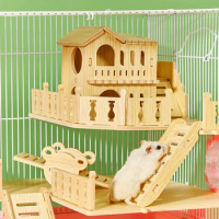 Hamster Wooden Toy Furniture Bite-Resistant Wooden Villa Small House Swing running wheel Hamster Wooden Nest Cage Supplies