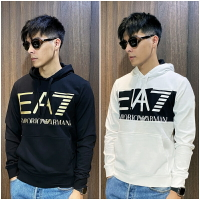 美國百分百【全新真品】Emporio Armani 連帽上衣 棉質 EA7 帽T 長袖 上衣 logo 黑/白 CD48