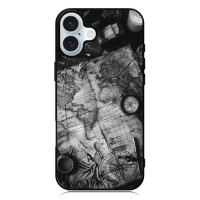 Vintage Map & Compass Noir CN0117 Casing Custom iPhone 17 16 16e 15 14 13 12 11 Pro Max Plus Air Min