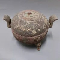 Ancient pottery ornaments, Han Dynasty painted koi tripod, pottery tripod, ancient cooking utensils, hotel classical decoration