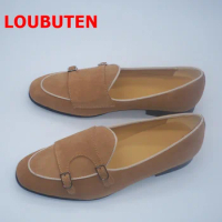 LOUBUTEN Brown Men Suede Loafers High Quality Mens Monk Strap Shoes Italian Summer Leather Casual Shoes Flats Driving Shoes