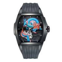 Reef Tiger Men Automatic Watch Luxury Mechanical Wristwatch 50M Waterproof Tonneau Case Skeleton Sapphire Rubber Strap RGA3061