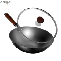 Traditional Chinese Wok Pan Cast Iron Cookware with Tempered Glass Lid Non-stick Chinese Wok with Wooden Handle Chinese Cooking