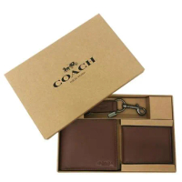 【COACH】8卡活動證件夾男款短夾附鑰匙圈禮盒(咖)