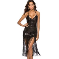 1920s Flapper Dress Great Gatsby Party Fringe Dress Costume Sexy Halter Plunge Backless Bodycon Sequin Midi Dress Roaring 20s