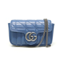 【GUCCI 古馳】476433 新款GG Marmont絎縫系列銀釦MINI款手拿/腰包/肩背/斜背包(藍色)