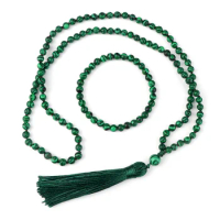 Men Buddhist Rosary Jewelry Set 6mm Malachite Natural Stone 108 Beads Mala Tassel Knotted Necklace for Women Meditation Bracelet
