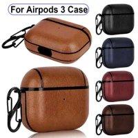 Anti-drop Earphone Case with Carabiner PU Leather Wireless Headphone Cover Soild Color Dustproof for AirPods 3