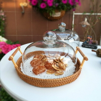 家用蛋糕罩透明玻璃蓋子 藤編托盤密封早餐點心盤 創意ins保鮮蓋