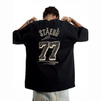 STA National Trend Graffiti 77 Letter Gaya Amerika Lengan Pendek T-Shirt Kapas Tulen Longgar Berat u