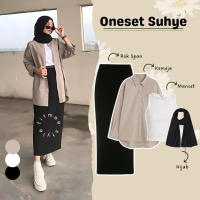 Suhye Outfit set wanita 4in1 (atasan kemeja wanita Katun , rok span, inner manset Rib , hijab pashmi