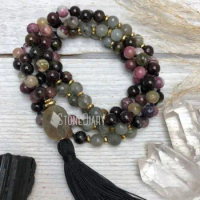 MN31375 Labradorite Tourmaline Prayer Beads 108 Mala Beads Round Shape Rosary Meditation Necklace Jewelry Gift
