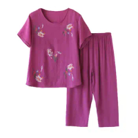 Grandmother Sleepwear Set Elegant Mid-aged Women's Flower Print Pajama Set with Wide Leg Pants Comfortable Sleepwear for Mother