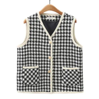 2023 Autumn Women Clothes Plus Size Sleeveless Vest Casual Chic V-Neck Houndstooth Jacket Curve Waistcoat B1 A069