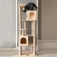 Multi-Storey Wooden Cat Tree Stand Scratch Cat Tree Toy Apartment Jump Platform Comfortable Perch Nest Tower Climbing