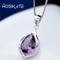WOSIKATE Natural Amethyst 925 Sterling Silver Pendant Necklace For Women Daily Jewellery Clavicle Chain Necklace Accessories