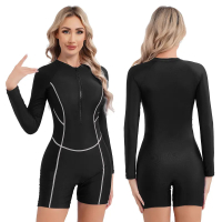 # Shorty Wetsuits สำหรับผู้หญิง Upf 50แขนยาว Zip Up  Boyleg ชุดว่ายน้ำ Surfing Rashguard ชุดว่ายน้ำช