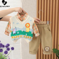 New Kids Autumn Cartoon Animal V-neck Knit Vest Plaid Lapel Shirt with Casual Pants Baby Boys Fashion Three-piece Clothing Sets