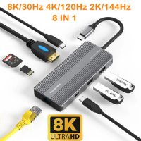 8K USB C Laptop Docking Station 8in1 USB 3.1 RJ45 PD HDMI-compatible 4K 120Hz 2K 144Hz Hub for Macbook HP DELL Surface Lenovo