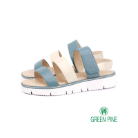 GREEN PINE真皮撞色寬帶厚底涼鞋藍色(00322308)