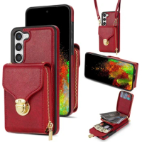 Zipper Card Holder Case For Samsung Galaxy S23 S22 S21 Plus S20 FE Note 20 Ultra A04S A04 A12 A13 A14 5G Luxury Long Strap Cover