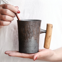 創意手工木柄窯變馬克杯帶碟勺陶瓷茶杯子簡約日式辦公水咖啡杯