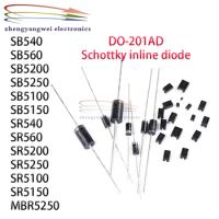10pcs SB5250 SB5150 SB5100 SR5250 SR5150 SR5100 MBR5250 Inline Schottky diode DO-201AD 5A 100V 5A150V 5A200V 5A250V