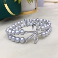 Handmade natural 2 row 8-9mm freshwater gery pearl bracelet micro inlay zircon bowknot accessories clasp 20cm-23cm