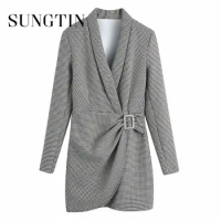 Sungtin Houndstooth Office Lady Blazer Dress for Women V Neck Belt Casual Loose Dress Female Long Sleeves Autumn Winter Clothing