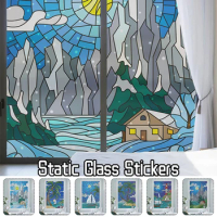 Blue Oil Painting Style Glass Film Electrostatic Bathroom Nti-Peep Frosted Film Window Stickers Semi-Opaque Stickers