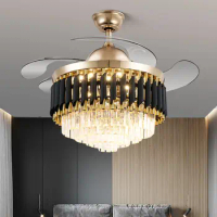 42 48 Inch Luxury Crystal Ceiling Fan With Light Modern Led Chandelier Remote Control Fan Lamp with Retractable Blades Bedroom