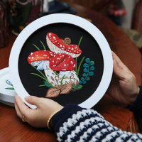 DIY Mushroom Pattern Embroidery Kit with Hoop Needlework Practice for Beginner Hobby Embroidery Cross Stitch Set Wall Decoration