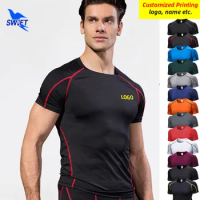 Quick Dry Summer Compression Running T Shirt Men Short Sleeve High Elastic Workout Tops Gym Fitness Sportswear Tshirt Customized
