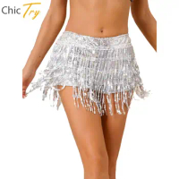 Womens Sparkling Belly Dance Sequin Shorts Tiered Sequin Tassel Back Zipper Hot Pants for Jazz Disco Bar Nightclub