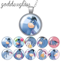Disney Pooh Friends eeyore Cute donkey Round Glass glass cabochon silver plated/Crystal pendant necklace jewelry Gift