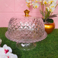 Tempat piring kue cake tray bulat acrylic bening cantik dengan tutup Emas Kaca Kristal